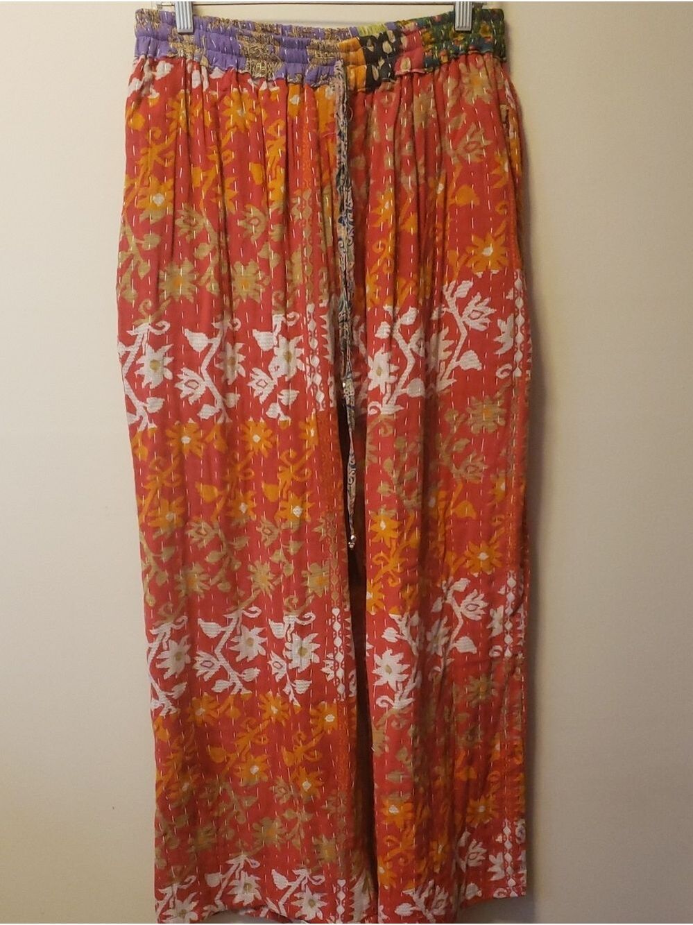 NWT Redish Coral Floral Wide-Leg Pull-On Kantha Pants with Elastic Waist